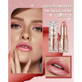 Shimmer Lipstick Long Lasting for Women with Metallic 3D Shine Hydrating Formula, Diamond Nude Glitter Lip Balm Tinted Glossy Lip Gloss High Impact Lip Color Nonstick Full-Coverage Lip Makeup-06