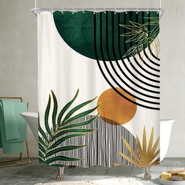 KOMLLEX Mid Century Green Boho Shower Curtain 54Wx78L Inches Abstract Modern Shower Curtains for Bathroom Decor Plant Botanical Minimalist Leaf Arch Sun Fabric Liner Waterproof Polyester 12 Pack Hooks