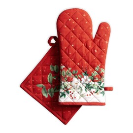 Maison d' Hermine Oven Mitt & Pot Holder 100% Cotton Heat Resistant Kitchen Oven Mitt (19cm x 33cm) & Pot Holder (20cm x 20cm), Chef, Wedding, Noel - Thanksgiving/Christmas