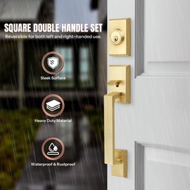 LOQRON Brushed Gold Double Front Door Lock Set, Keyed Entry Front Door Handleset with Dummy, Square Heavy Duty Door Lever and Single Cylinder Deadbolt Combo, Satin Brass