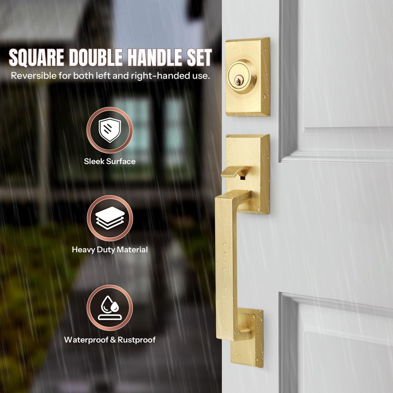 LOQRON Brushed Gold Double Front Door Lock Set, Keyed Entry