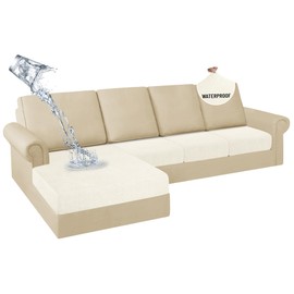 HDCAXKJ 100% Waterproof Sectional Couch Cushion Covers 4 Pieces L Shape Sectional Cover Stretch Chaise Sofa Seat Slipcover Set Pets Jacquard Magic Sofa Cover (Ivory, 3 Seater + 1 Chaise)