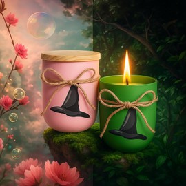 Leinuosen 2 Pcs Pink and Green Glass Cup Scented Candles with 2 Witch Cards,15.52 oz Natural Soy Wax Candle for Friends Gifts Witches Birthday and Friendship Theme Party