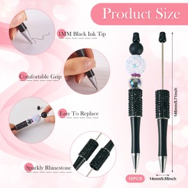 Beadthoven 10pcs Diamond Beadable Pens, Bling Rhinestone Beaded Pens DIY Plastic Bead Pen Crystal Shaft Black Ink Ballpoint Pens for DIY Pens Decorations Supplies Gift Office School - Black