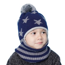 Baby Girls Boys Winter Hat Scarf Earflap Hood Scarves Toddler Kids (Navy+Grey, 2-5T)