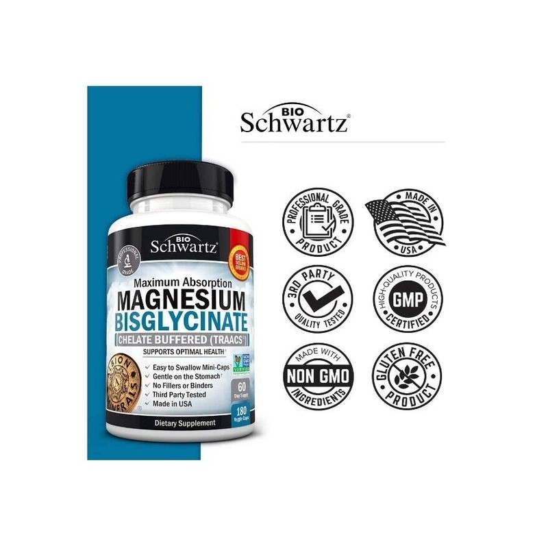 BioSchwartz Magnesium Bisglycinate 100% Chelate, Maximum Absorption, 180 Veggie Caps
