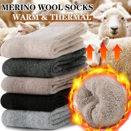 MOGGEI Womens Merino Wool Socks for Hiking Winter Warm Thick Thermal Crew Cozy Cabin Ladies Gift Comfy Boot Work Socks 5 Pairs(Beige/Light Coffee/Grey/Dark Grey/Black(5 Pairs))