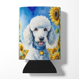 Caroline's Treasures White Poodle in Sunflowers Can or Bottle Hugger Cooler Washable Drink Sleeve Collapsible Beverage Insulated Holder, Can Hugger, Multicolor