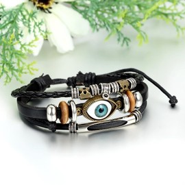 JewelryWe Black Leather Vintage Turkish Blue Evil Eye Bracelet Luck Protection Men Women Braided Wrist Cuff, Adjustable 8.1-10.8inches