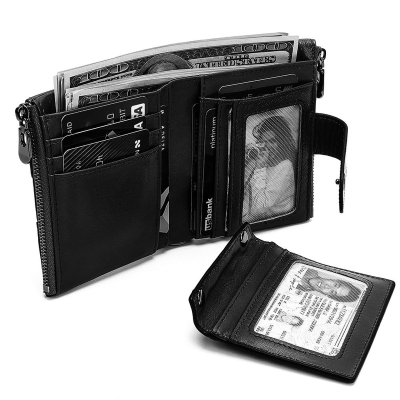 DUXIAOSHA Men's Genuine Leather Wallet, Bi-Fold Wallet, Wallet with Chain,