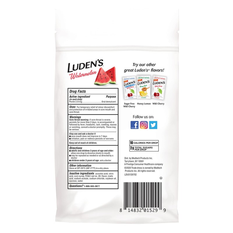 Luden's Watermelon Cough Throat Drops, Pectin Lozenge/Oral Demulcent, 25-Count per