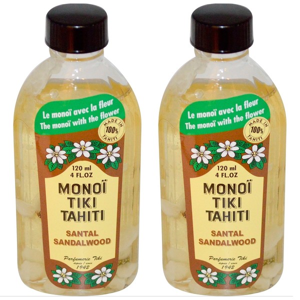 Monoi Tiki Tahiti Sandalwood Coconut Oil (Pack of 2), Scented With Fresh Handpicked Tiare Flowers, 100% Made in Tahiti, 4 fl. oz.