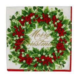 Caspari Holly and Berry Wreath Merry Christmas Paper Cocktail Napkins - 20 Per Package, 4 Packs