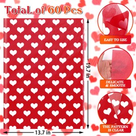 60 Sheets Love Heart Tissue Paper, 20x14 Inches Valentine's Day Red White Heart Printed Wrapping Tissue Love Decorative Art Tissue for Wedding Anniversary Party Decor