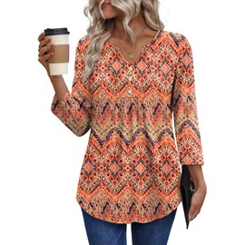 WIHOLL Women Tops 3/4 Sleeve T Shirts for Women UK V-Neck Blouse Button Down Ladies Tunic Pleated Shirts Curved Hem Size 18-20 Boho Floral