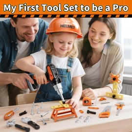 KidBloom Kids Tool Set with Backpack, 50 PCS Toddler Pretend Tools with Electronic Toy Drill, Safety Helmet & DIY Parts, Gifts for 3-5 Year Old Boys