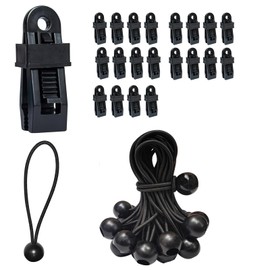40 Pcs Tent Heavy Duty Lock Grip Clips with Ball Head Elastic Ropes. Durable Outdoor Camping Hiking Tarp Clamps, Hold Down Shade Cloth Clips, Awning Tarp Clamps for Canopy Fasteners (Black).