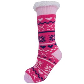 Ladies Novelty Christmas HEART FAIRISLE Pom Pom PINK GREY BLUE SLIPPER SOCKS WARM FLEECE LINING Size UK 4-7