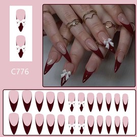 24pcs Red French Tip Press On Nails Stiletto Fake Nails With Bow Design Long False Nails Full Cover Acrylic Nails Artificial Nails Glossy Glue On Nails Reusable Stick On Nails For Women Manicure