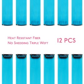 WENNALIFE 12 PCS Sky Blue Hair Extensions Clip in, Colored Clip in Hair Extensions for Kids Highlights Rainbow Hair Clips for Girls Synthetic Straight Pop-up Style Colorful Girls Hair Accessories