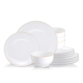 Denique Pars 12 Piece White Golden Rim Ceramic Dinnerware Plates Set - Box of 4 Bowls, 4 Small plates & 4 Large Plates - Reactive Glaze Porcelain Plates - Modern design - Stackable