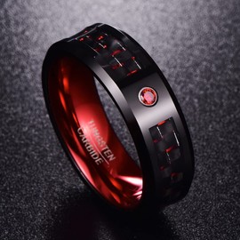VAKKI 8mm Black Tungsten Ring Mens Wedding Ring Bands with Red Cubic Zirconia and Carbon Fiber Beveled Edges Size O