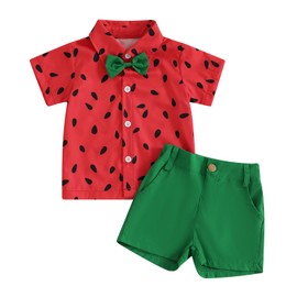 Licupiee Toddler Boy Watermelon Shorts Sets Infant Baby 2Pcs Summer Outfits Button Down Short Sleeve T Shirts with Shorts Set (Red, 12-18 Months)