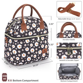 Hafmall Insulated Lunch Bag for Women, 9L Dual Compartment Lunch Cool Bag for Work, School, Ladies Lunch Bag with Shoulder Straps, Daisy
