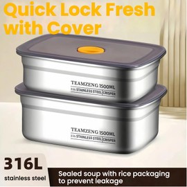 [2-Pack] 1500ml Bento Box Food Storage Container, Food Grade SUS316L Stainless Steel Plates with Lids, Leakproof Rectangle Storage Pan for Fridge, Freezer & Meal Prep