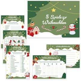 Christmas Games, 5 Games for Christmas (10 Pieces of Each), Christmas Quiz, Family Party Games, 5 Christmas Puzzles for Activity at Christmas, Design Fir Green 2023