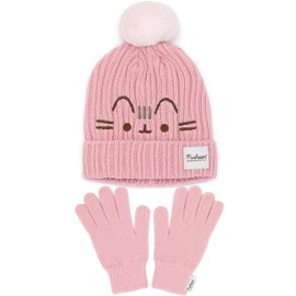 Pusheen Beanie and Gloves Womens | Ladies Adults The Cat Cartoon Pink Knitted Woolly Winter Hat | Head Hand Warmer One Size