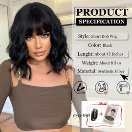 Esmee Bangs, Short Black Bob Wigs for Women, Wavy Bob Wig with Bangs Synthetic Natural Looking Heat Resistant Fiber Wigs Daily Party Cosplay Use-13 Inches
