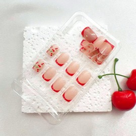 Red White French Tip Press on Nails Short Fake Nails with Fruit Designs Square False Nails Press ons Glossy Glue on Nails Nude Full Cover Acrylic Stick on Nails for Women 24 Pcs