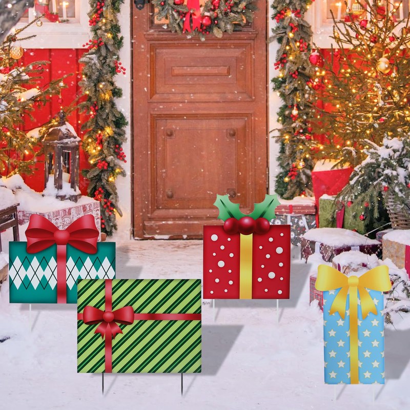 Christmas Outdoor Decor Stake,41.5" Metal Xmas Box Yard Sign,4 Pack