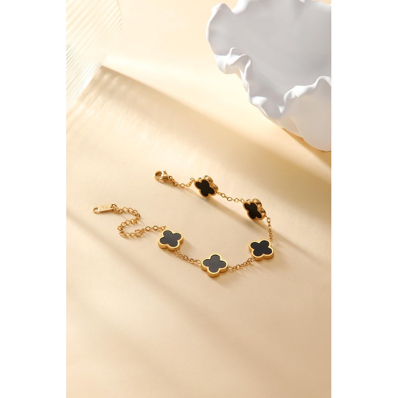URSUNDAOP Gold Four Leaf Clover Bracelet for Women, Lucky Bracelet,Black