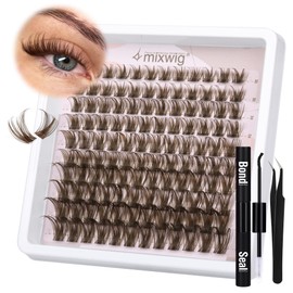 Brown Lash Clusters Kit, Natual Fishtail Lash Extension Kit, Wispy Eyelash Clusters, C Curl, Individual Lashes Kit with Lash Bond and Seal, Lash Applicator
