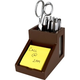 Victor B9505 Desk Pencil Cup with Angled Note Holder, Frosted Glass Window for Professional Look, Great in Any Home or Office, Mocha Brown