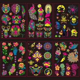 Sugeru 6 large sheets neon face tattoo (60+ patterns), glitter neon party outfit, colour tattoo face, black light make-up, UV body and face painting tattoo sticker - natural soy ink
