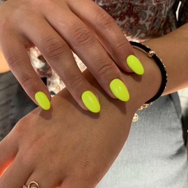 Neon Yellow Press On Nails Short Oval,KQueenest Acrylic Nails Press Ons,Short Almond Nails Glue on,Natural Round Fake Nails,One Color Gel Stick On Nails Set for Women