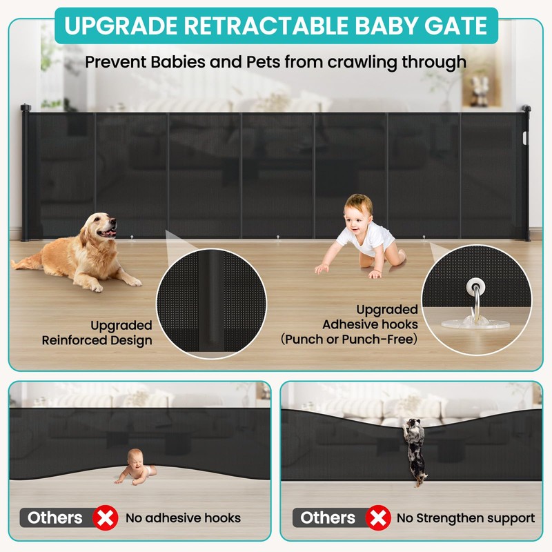 Upgrade Retractable Baby Gates Extra Wide (150" W x 42"