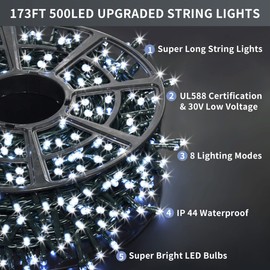JMEXSUSS 500 LED White Christmas Lights Outdoor, 173ft 8 Modes Christmas String Lights Plug in, Waterproof LED Christmas Tree Lights Green Wire for Indoor Tree Wedding Party Xmas Decorations