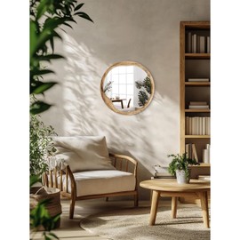 AOAOPQ AOAOPQ Beige Wood Framed Mirror for Wall 20x20 Inch Rounded Mirror Bathroom Vanity Mirror Farmhouse HD Glass Hangs Mirrors