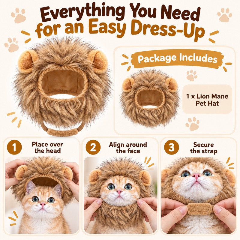 Lion Mane Pet Hat for Cat Dress-Up – Elastic Headgear
