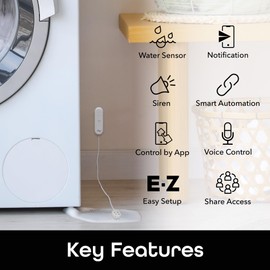 Geeni Smart Water Alarm Leak Detector with Siren - 80dB Alarm with App Alerts for Monitoring Kitchen, Bathroom, Basement Flood, Battery-Powered WiFi Moisture Sensor Alexa, Google Home Compatible