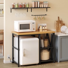 DWVO 5-Tiers Mini Fridge Cabinet with Storage and Wall Mounted Shelves, Farmhouse Kitchen Microwave Stand Baker Rack with Power Outlet, Utility Storage Shelf, Black