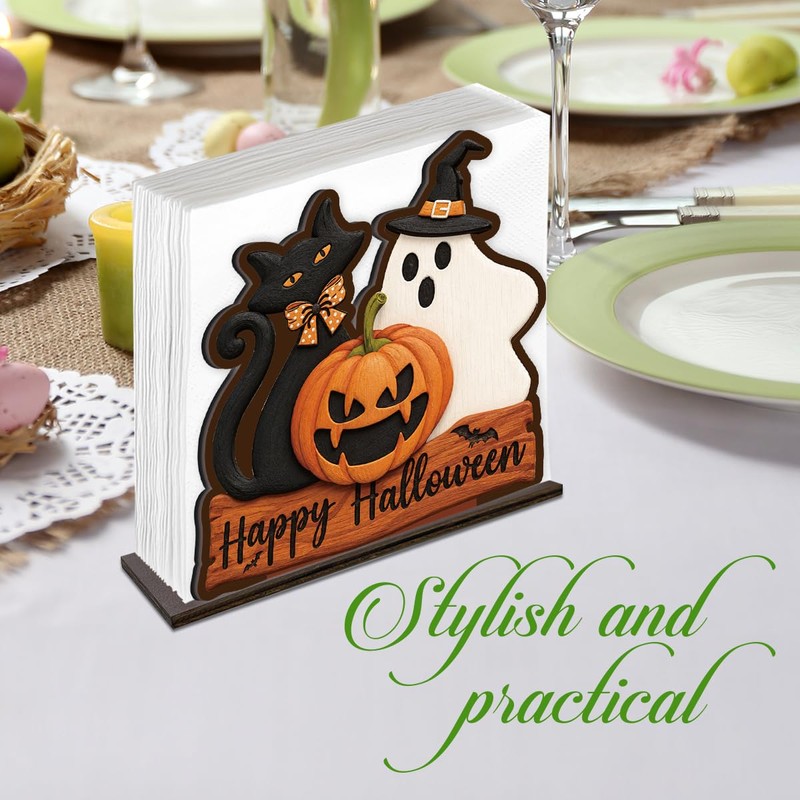Halloween Napkin Holder, Black Cat Ghost Pumpkin Wood Napkin Holders