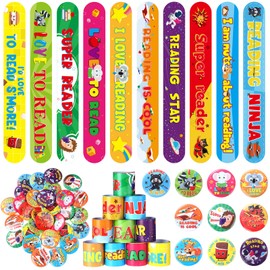 Frienda 120 Pcs Love to Read Slap Bracelets with Reading Button Pins Bulk Pack, Retro Reading Reward Bracelets Badges for Classroom Teacher Student Prizes, Book Week Sunday School Library Incentives
