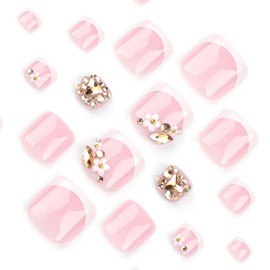 24 Pc Press on Toenails Short,YIHONGYAN Fake Toe Nails Press ons Toenail Tips Rhinestone Flower White French Acrylic Nail Art Kit Glue on Nails Full Cover Summer False Toenail Stick on Nails for Women