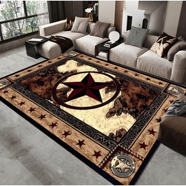 Vintage Rustic Western Texas Star Modern Area Rugs Country Rugs Cowhide Farmhouse Rugs Primitive Large Carpet Non-Slip Floor Mat Doormats Runner Rugs for Living Room Bedroom 5'x7'
