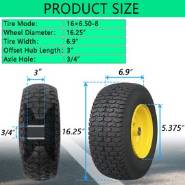 1 PC 16x6.50-8" Front Tubeless Tires and Wheels Assembly w/Grease Fitting, 3/4" & 5/8" Bearings and 3"-6" Centered Hub,16" Replacement for Riding Mower and Garden Tractor Garden Cart, Wagons
